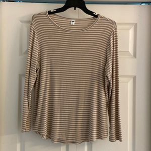 Old Navy Luxe Tan White Gold Long Sleeve Striped Ribbed Tee XL Extra Large